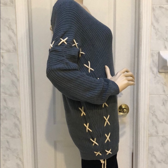 Last 1! GIRLY & FLIRTY LACE UP BLUE TUNIC SWEATER - Picture 6 of 8